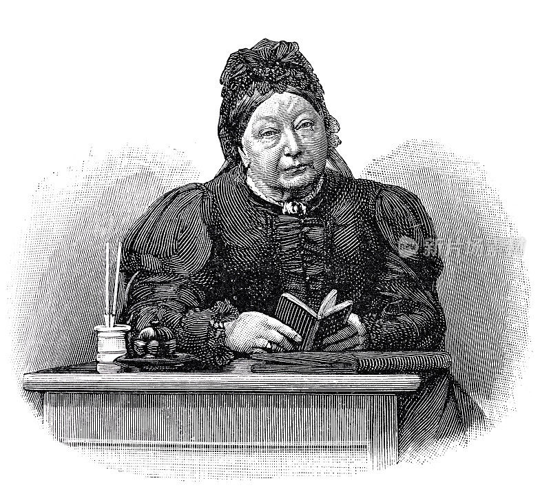 德国政治家、女权活动家和学校创始人安娜・谢佩勒-莱特(Anna schepler - lette)坐在一张桌子旁，手里拿着一本书，看着观众
